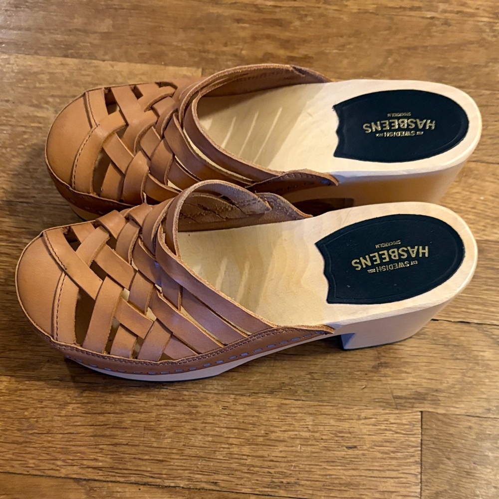 Swedish Hasbeens Tan Leather Mules